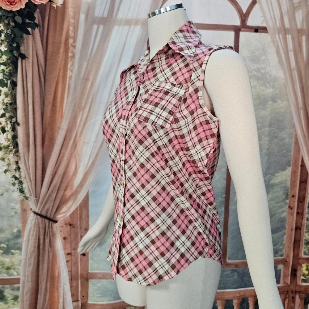 Vintage 1970s Pink Brown Plaid Sleeveless Button Down Shirt Pointed Collar - Picture 6 of 10